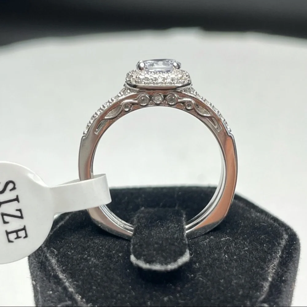 925 Sterling Silver Diamond 2‎ Band Ring Set Sz 9